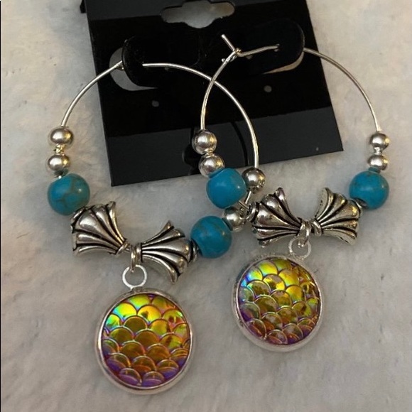 Handmade Mermaid Scale Hoops Lt. Blue, Dk Blue, Gold Scale Take your pick. - Picture 9 of 10